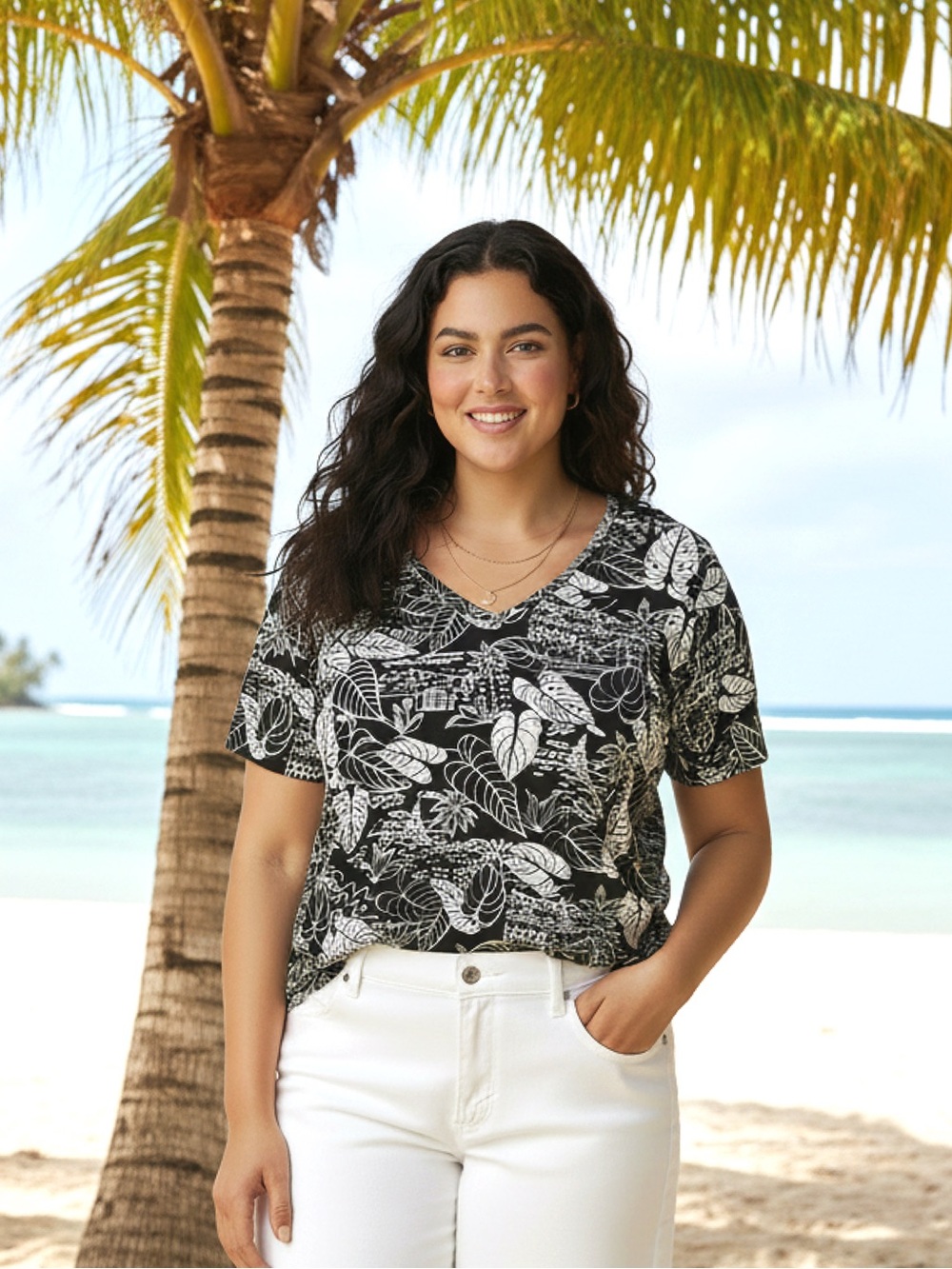 Black & White Tropical Bead Embellished V-Neck Tee - EUC - 28" p2p 28" length